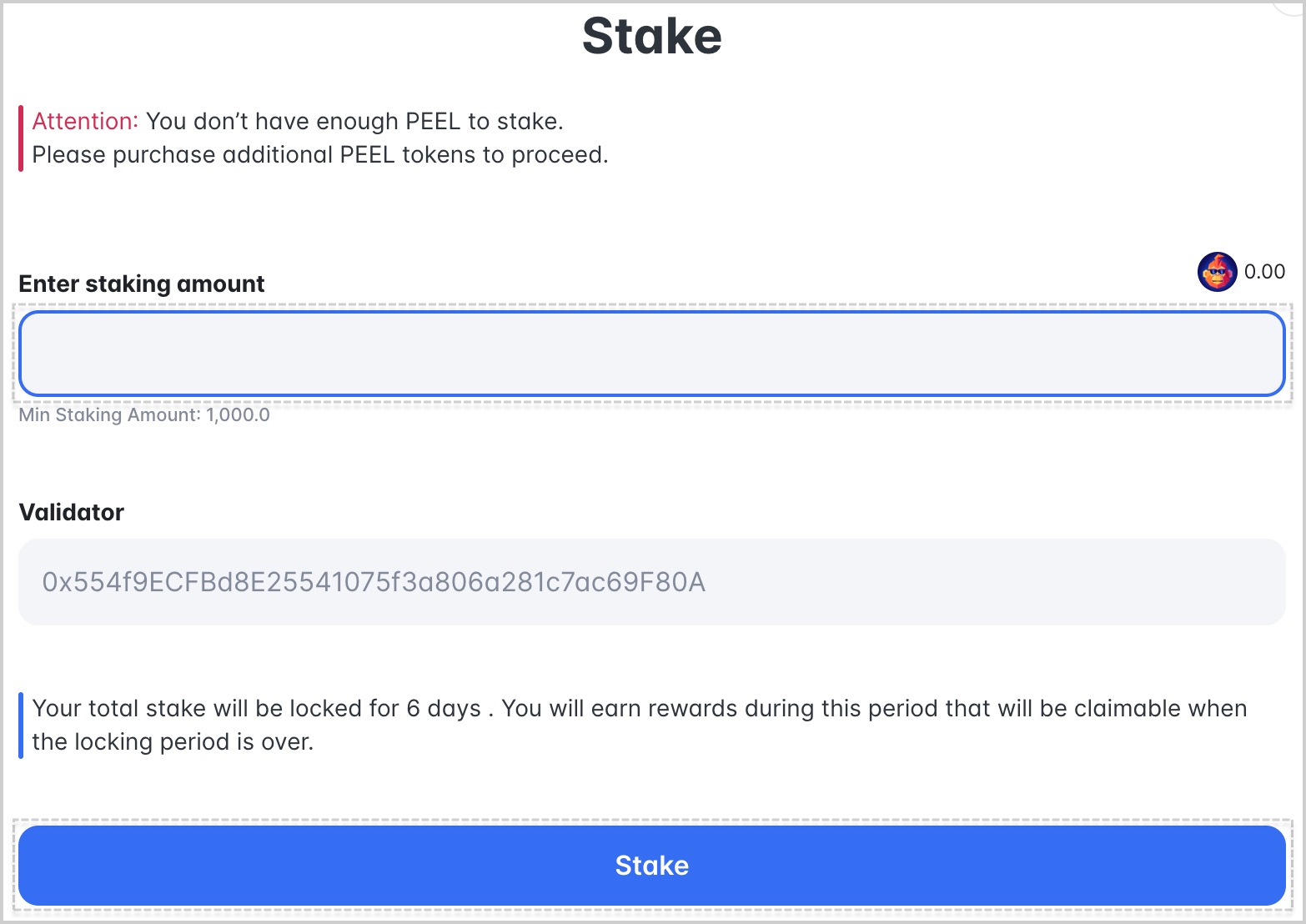 Enter amount and click Stake