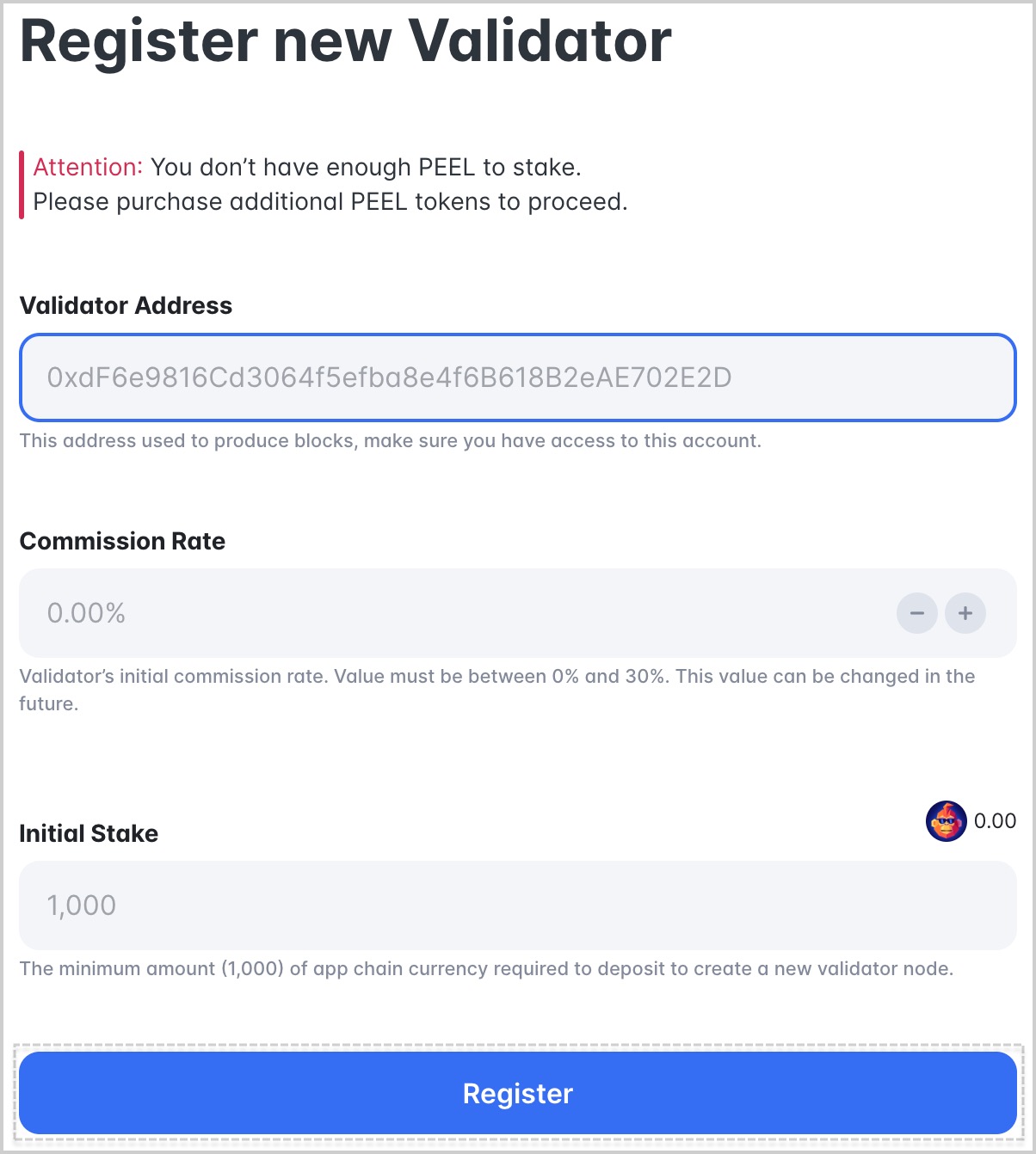 Set validator parameters and click Register