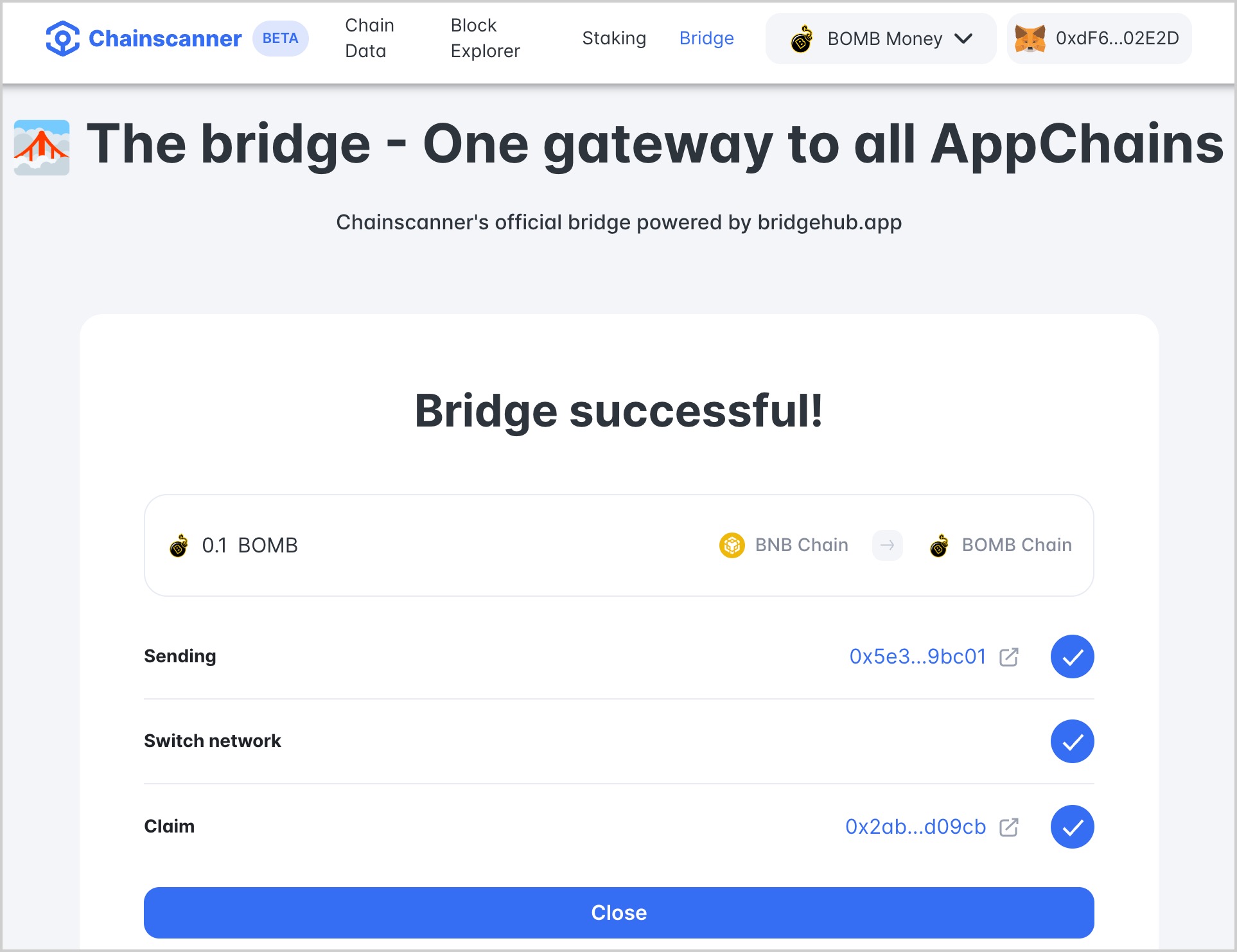 Wait till tokens are auto-claimed, then click Close