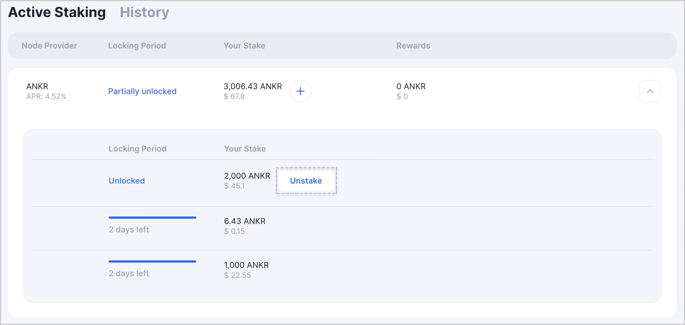 Click Unstake next to unlocked stake 