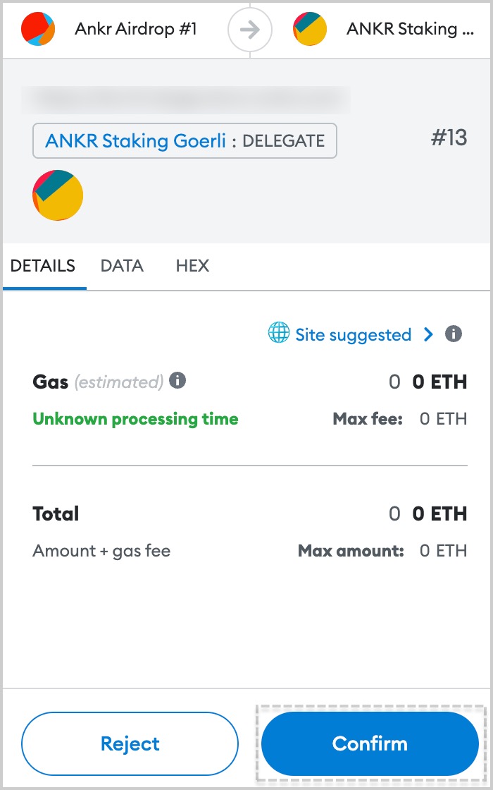 Confirm staking transaction