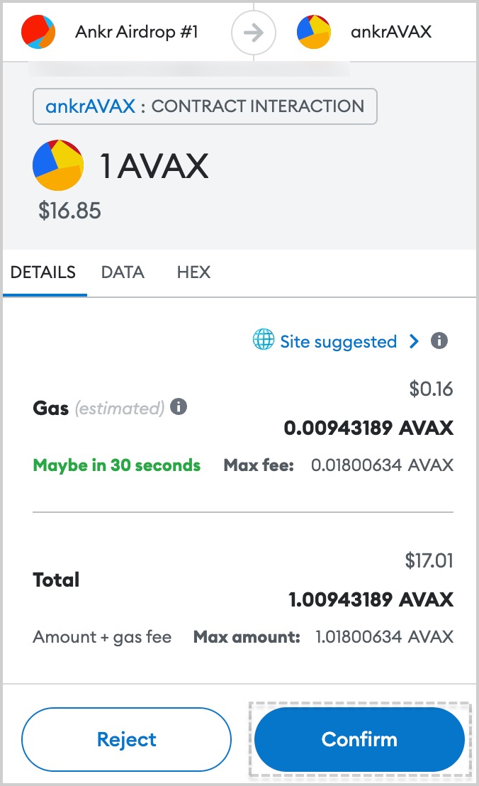 Confirm staking transaction in MetaMask