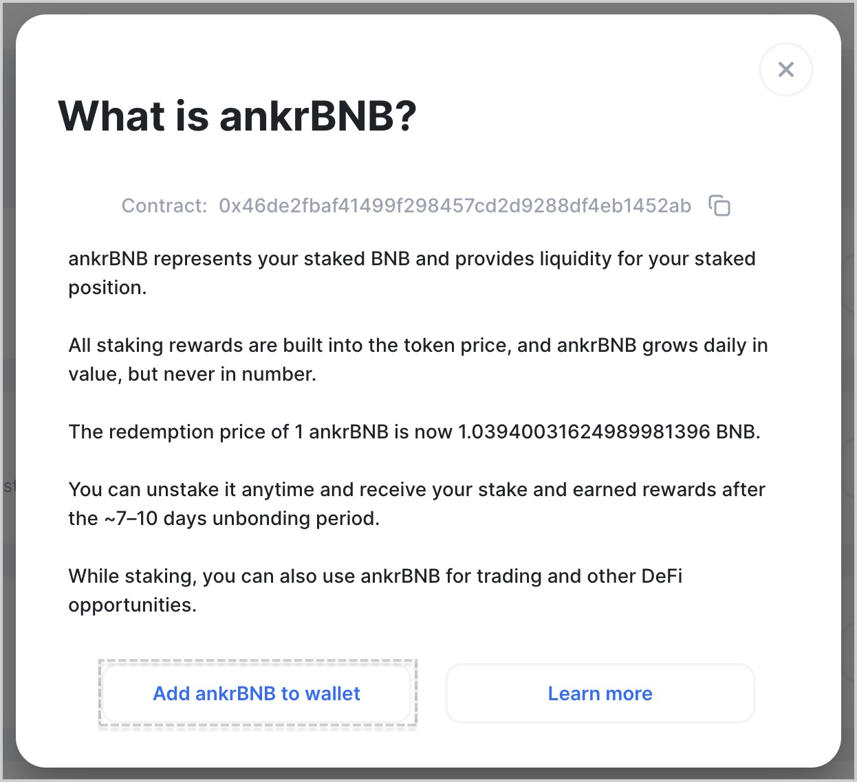 Click Add ankrBNB to wallet