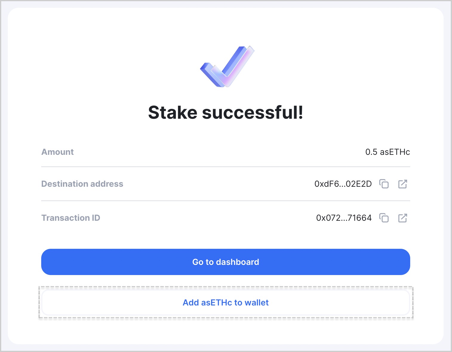 Add asETHc to your wallet or go to Staking Dashboard