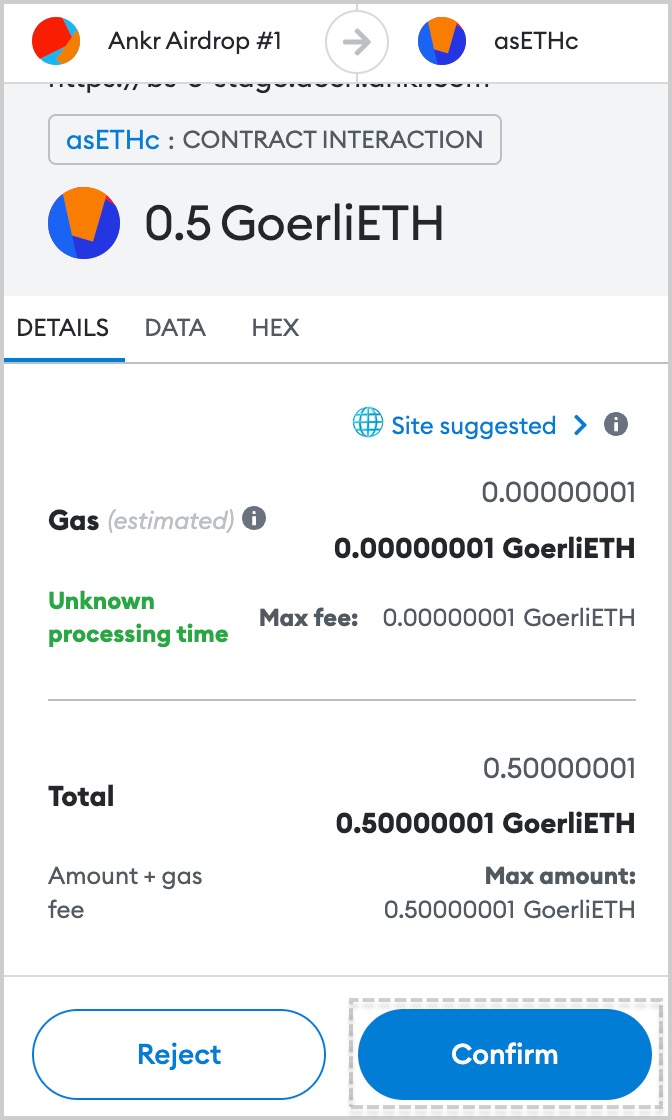 Confirm staking transaction